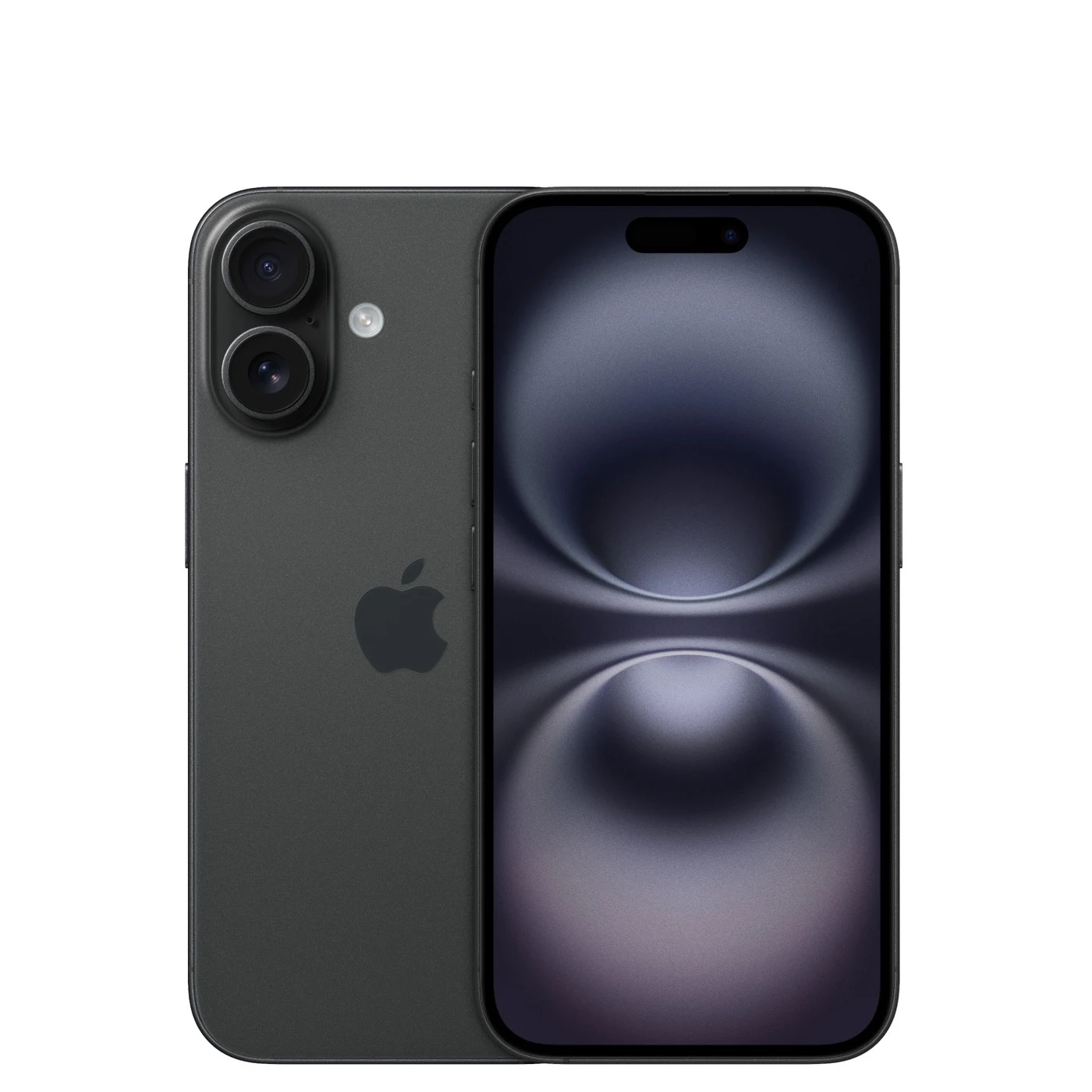 Refurbished black Apple iPhone 16, front and rear