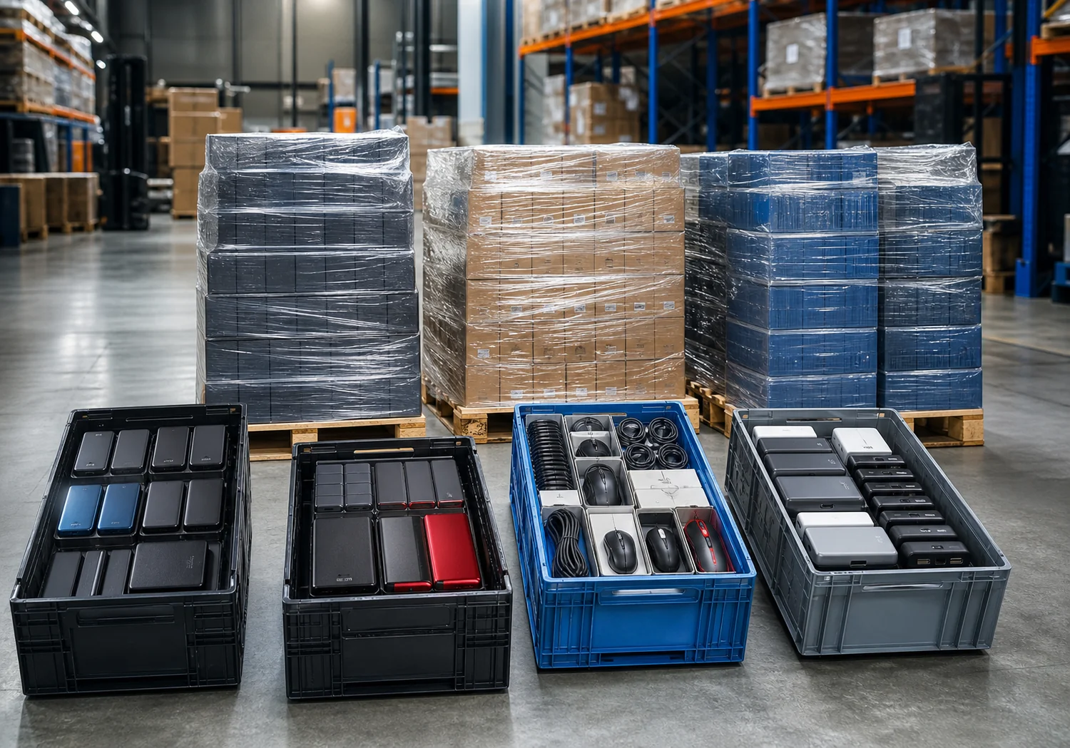 Technology product lots organised on pallets in a warehouse