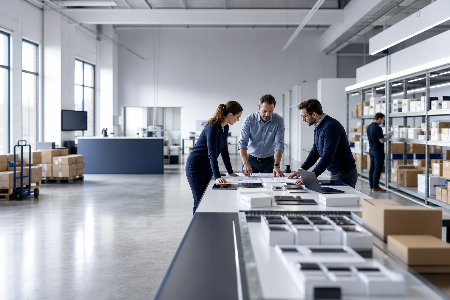 Team coordinating strategy, products and logistics in a technology distribution centre