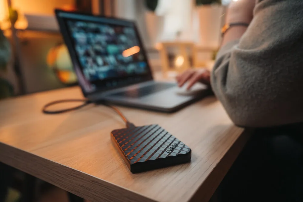 Verbatim Store 'n' Go portable SSD connected to a computer
